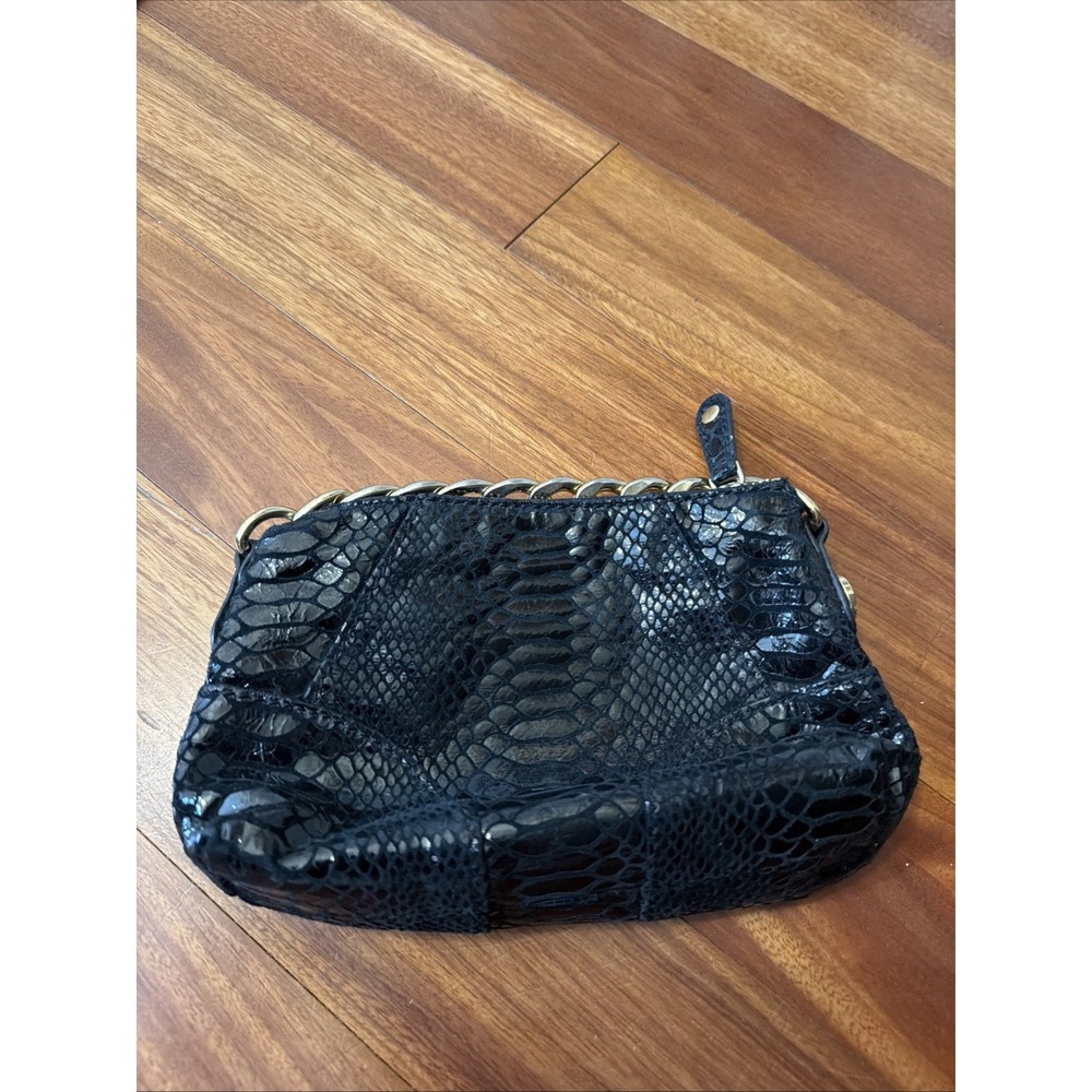 Michael Kors Black Python Embossed Leather Tote Bag Gold Chain Strap Clutch - Picture 4 of 7